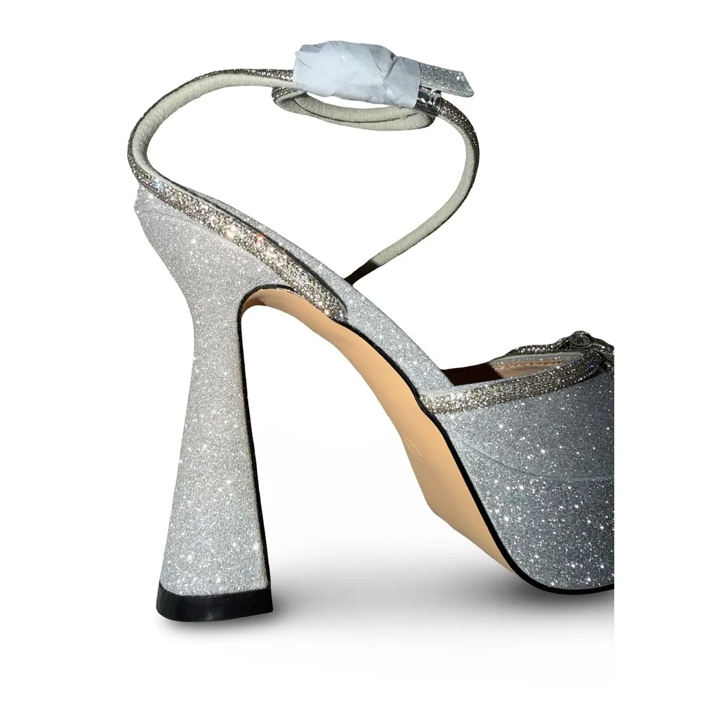 Silver Glitter Double Bow Platform Pumps Ankle Strap Heels 5.5 Wedding